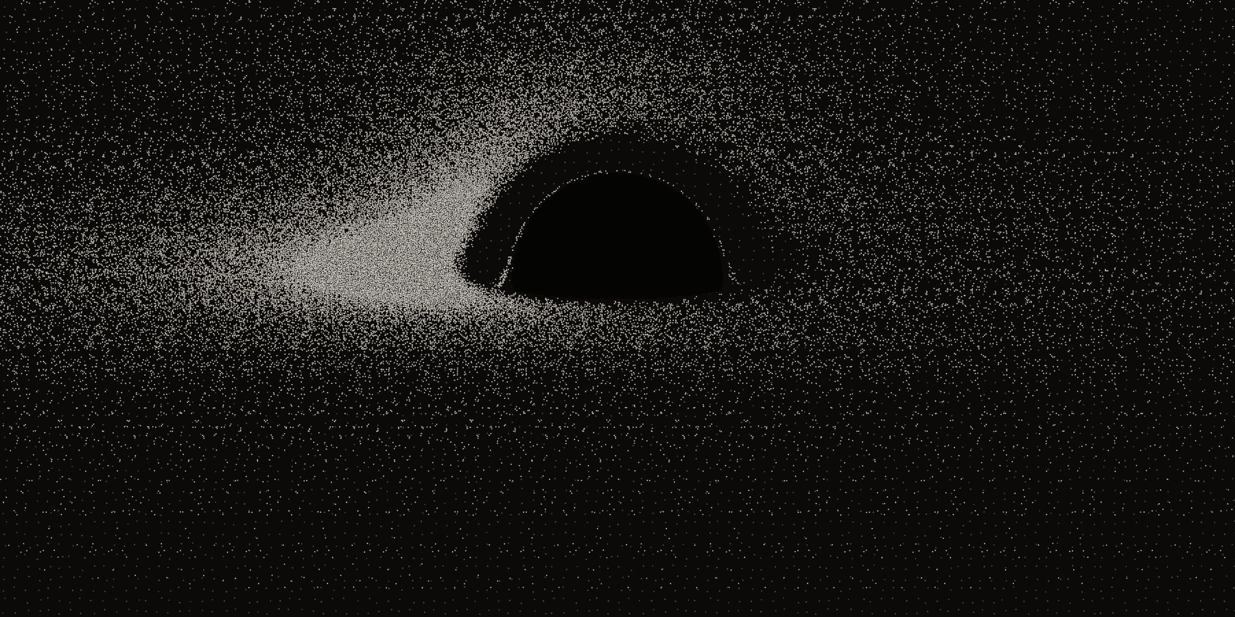 Jean-Pierre Luminet's 1979 image of a black hole with a thin accretion disk, redrawn: a dark disc with the far side of the glowing disk bent over the top, the near side below, the approaching left side far brighter, and a thin bright halo hugging the shadow. Drawn as thousands of dots on a faint paper grid.